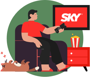 Ilustração homem sentado assistindo SKY